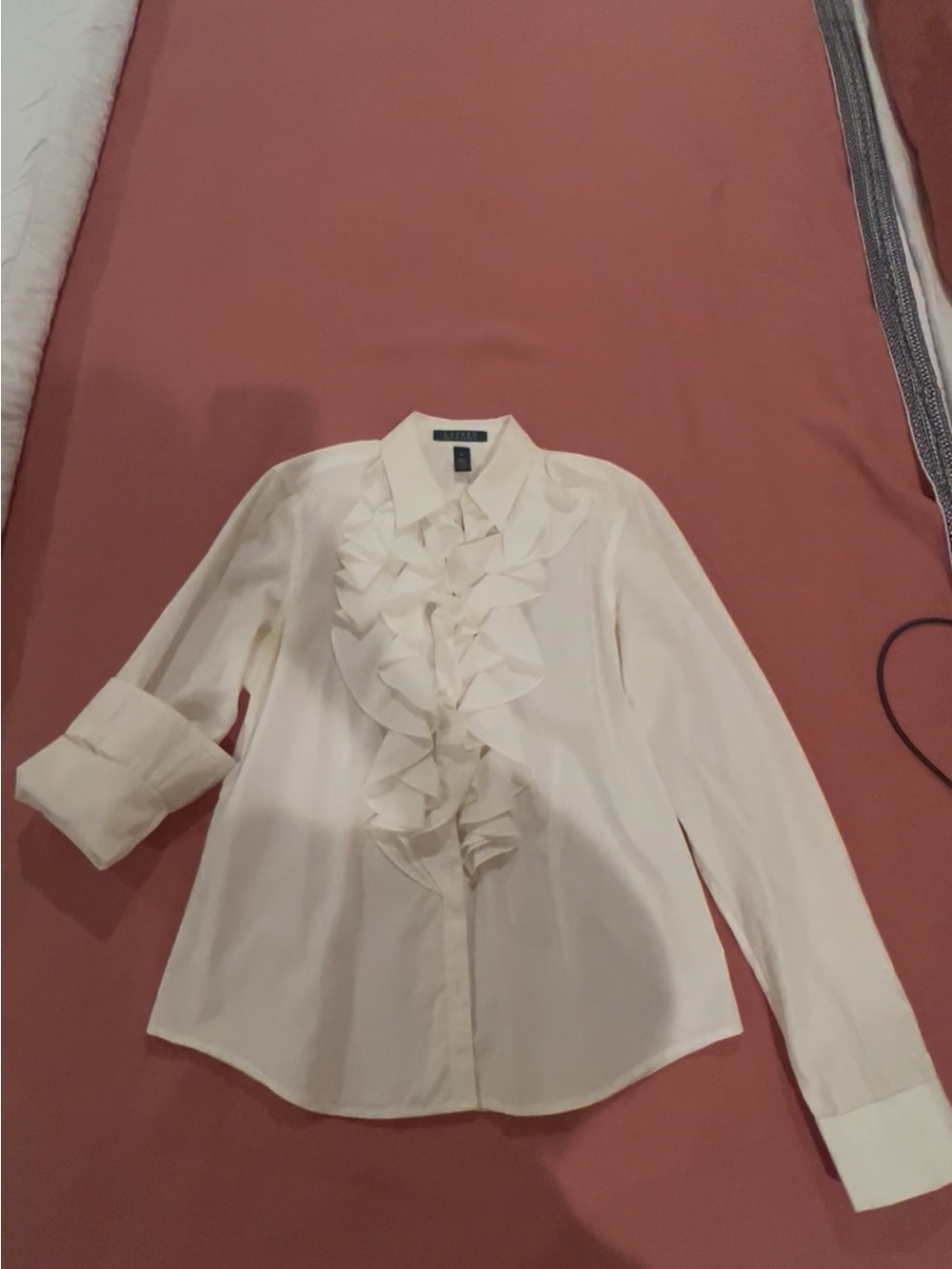 Ralph Lauren White Ruffle Front Button-Down Blouse - Picture 2 of 6